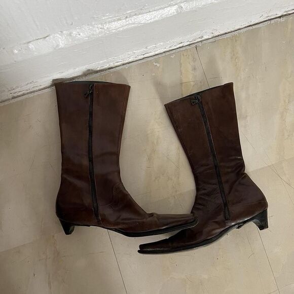 Vintage brown leather pointed boots kitten heel Narrow - Picture 4 of 4